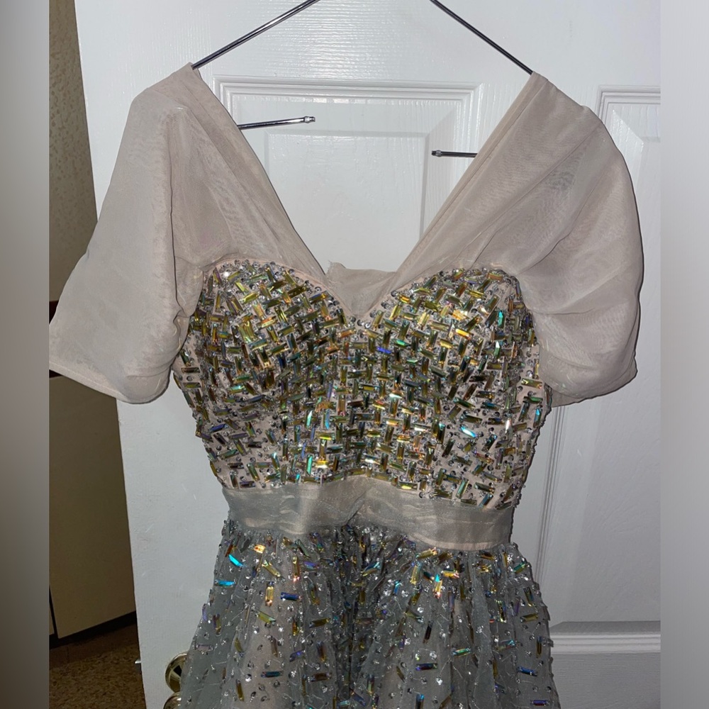 TERANI couture Champagne gold bedazzled high low gown, modestly customized